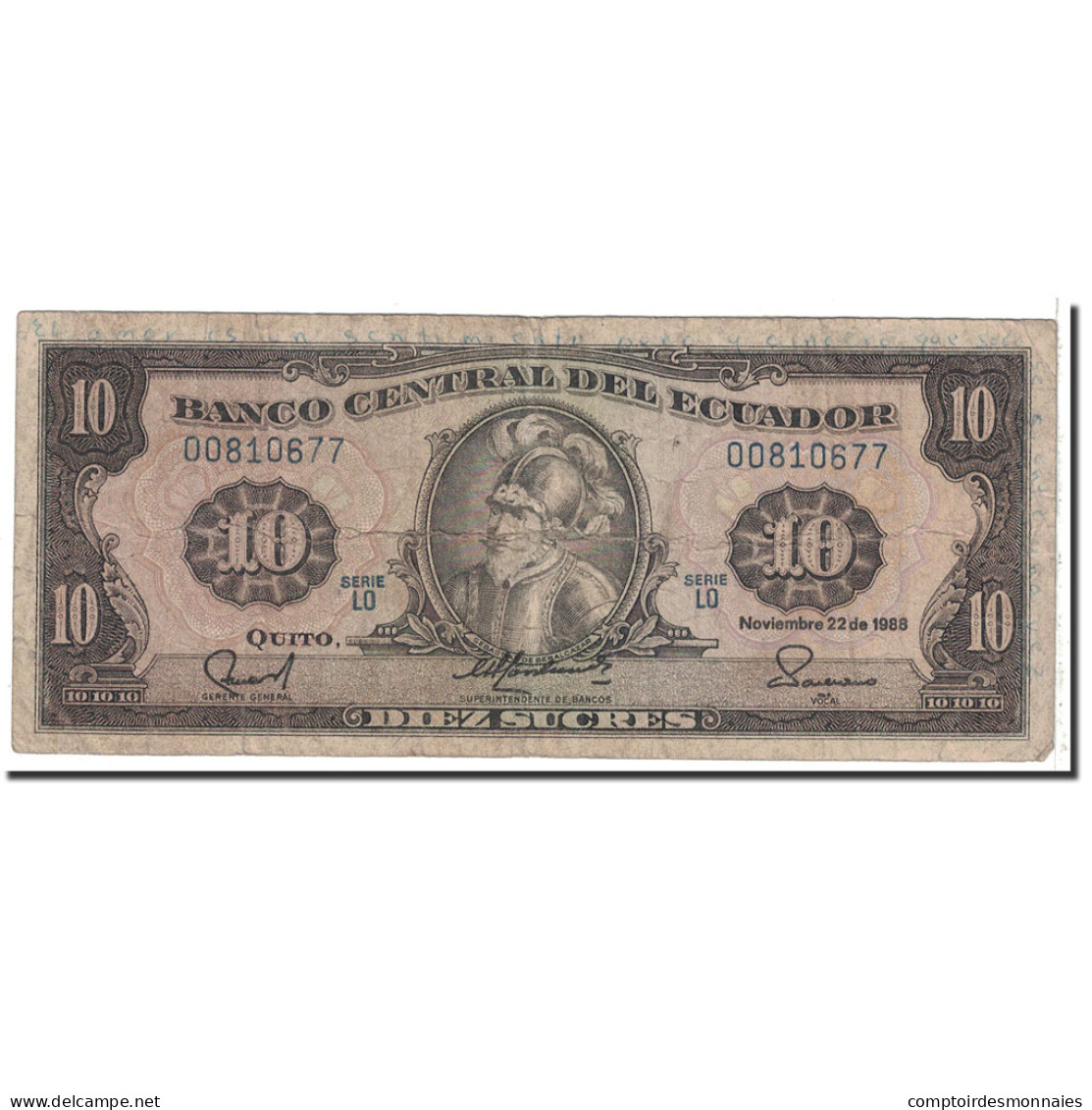 Billet, Équateur, 10 Sucres, 1988, 1988-11-22, KM:121, B - Ecuador