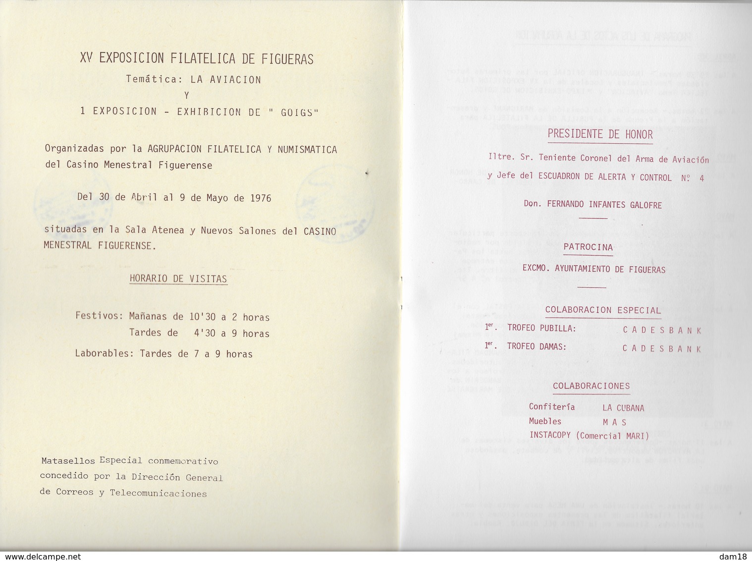ESPAGNE PROGRAMA EXPOSICION FILATELICA FIGUERAS 1976 8 PAGES + COUVERTURE CARTONNEE - Expositions Philatéliques