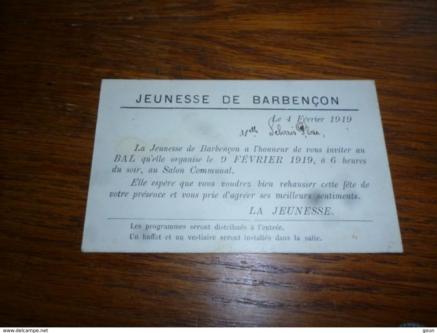 BC4-2-0 Jeunesse De Barbençon 1919 Invitation Au Bal Dela Jeunesse - Autres & Non Classés