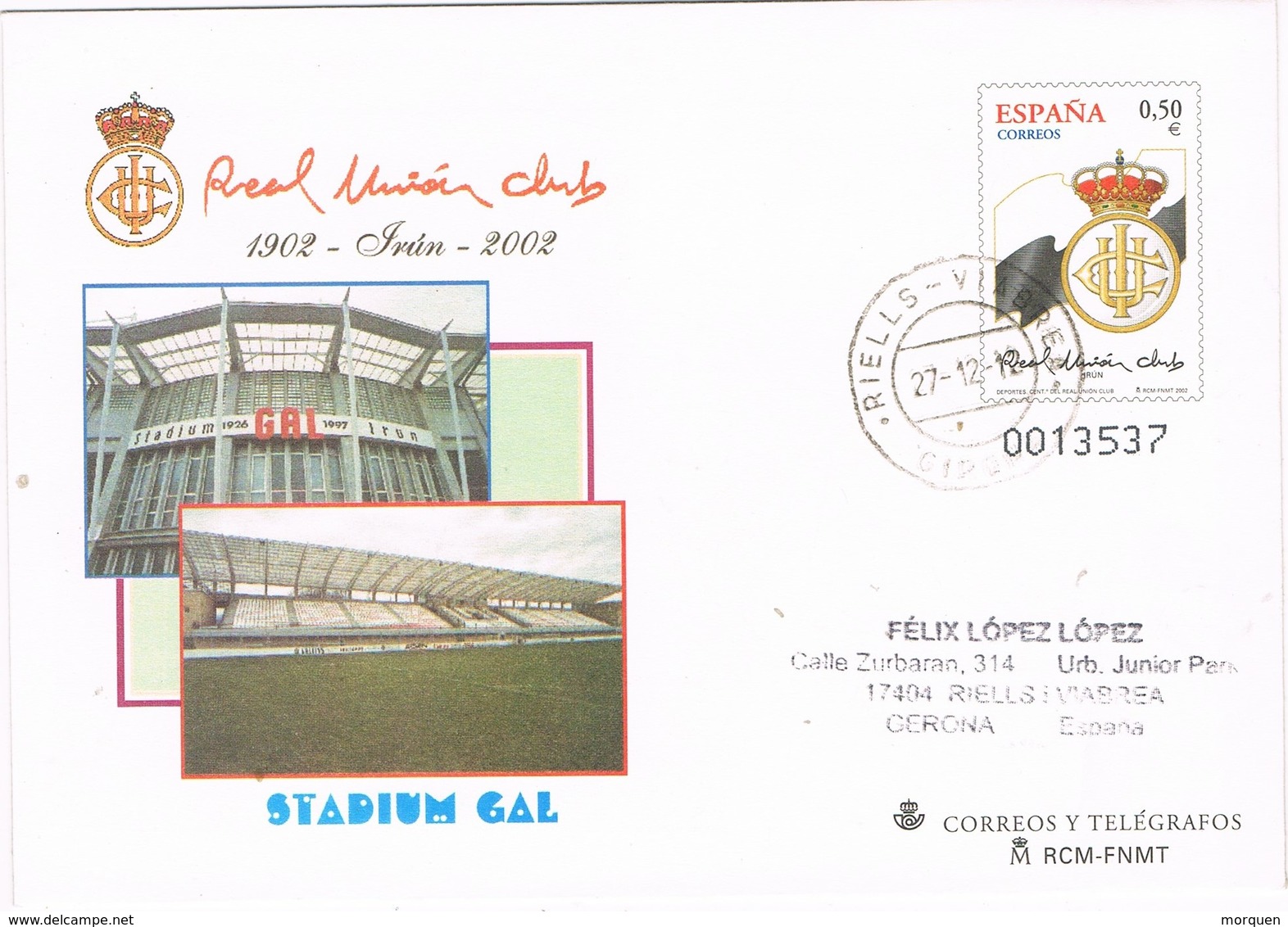 28599. Entero Postal RIELLS (Gerona) 2012. Real Union Futbol - 1931-....