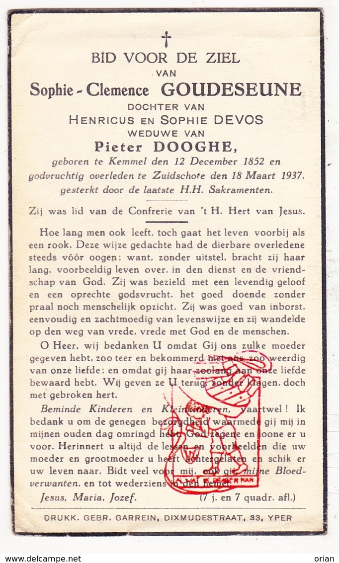 DP Sophie C. Goudezeune / DeVos De Vos ° Kemmel Heuvelland 1852 † Zuidschote Ieper 1937 X Pieter Dooghe - Images Religieuses