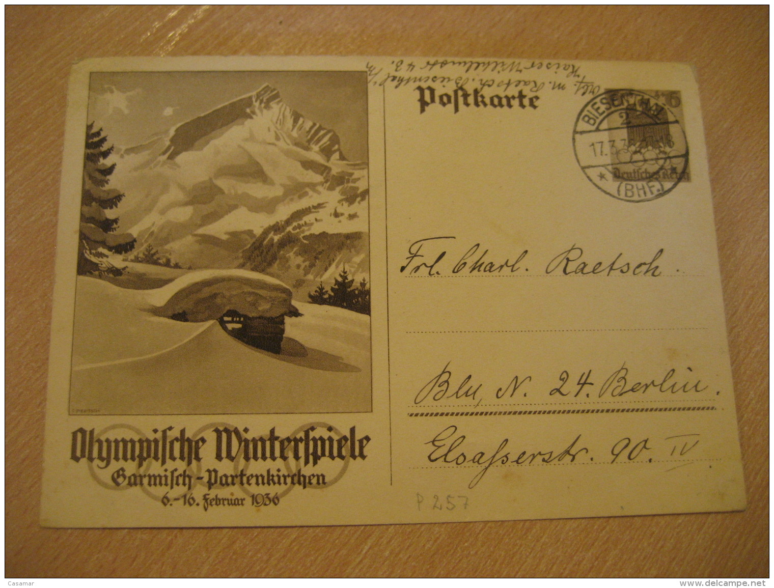 GARMISCH-PARTENKIRCHEN 1936 Winter Olympic Games Olympics BIESENTHAL 1936 Cancel Stationery Card III Reich GERMANY - Winter 1936: Garmisch-Partenkirchen