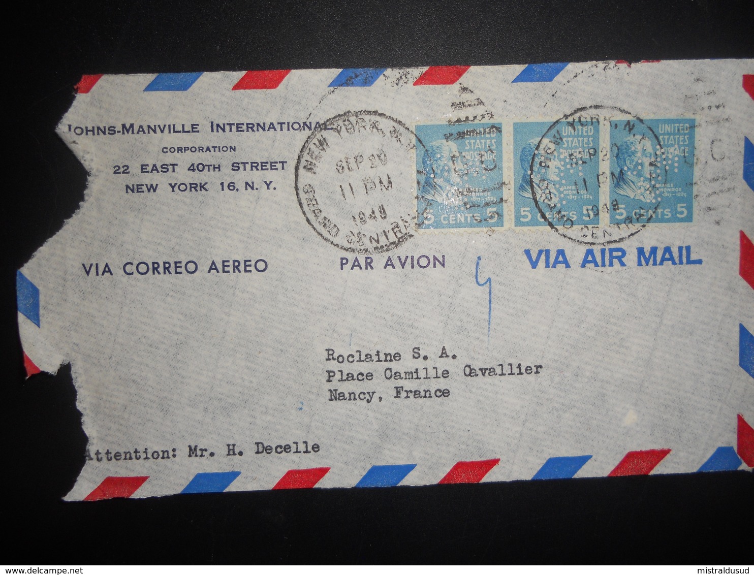 Etats Unis Fragment De New York 1949 Pour Nancy - Zähnungen (Perfins)