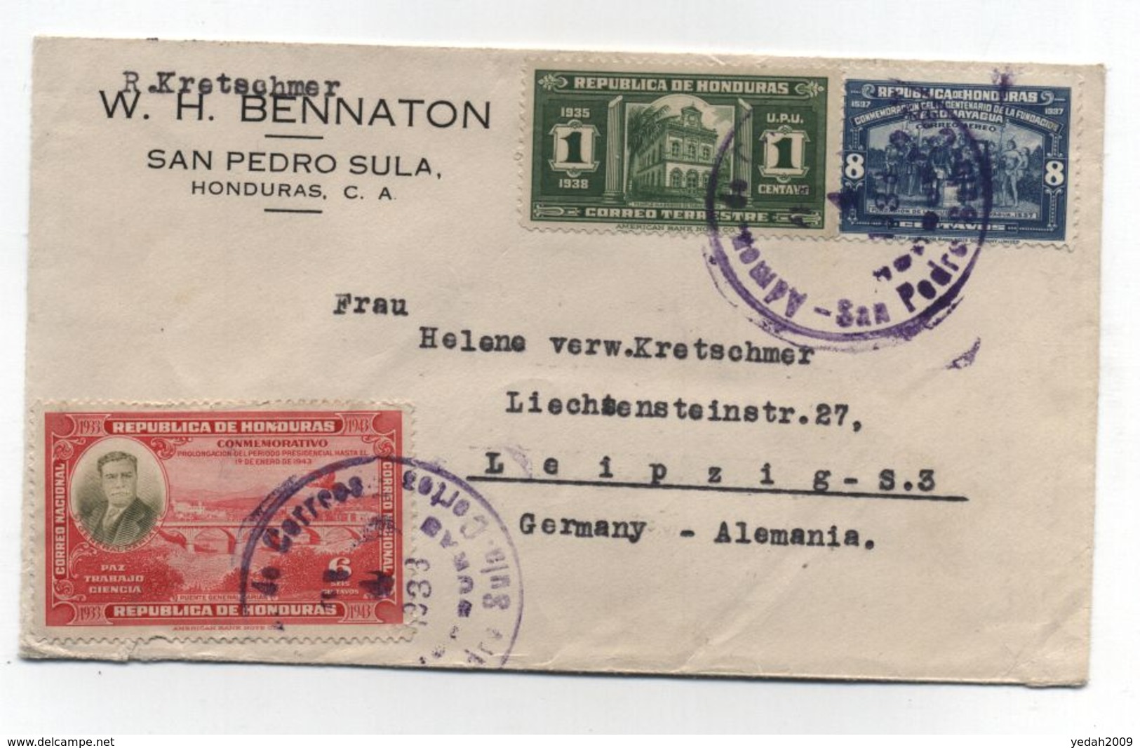 Honduras COVER TO Germany CUSTOMS 1938 - Honduras