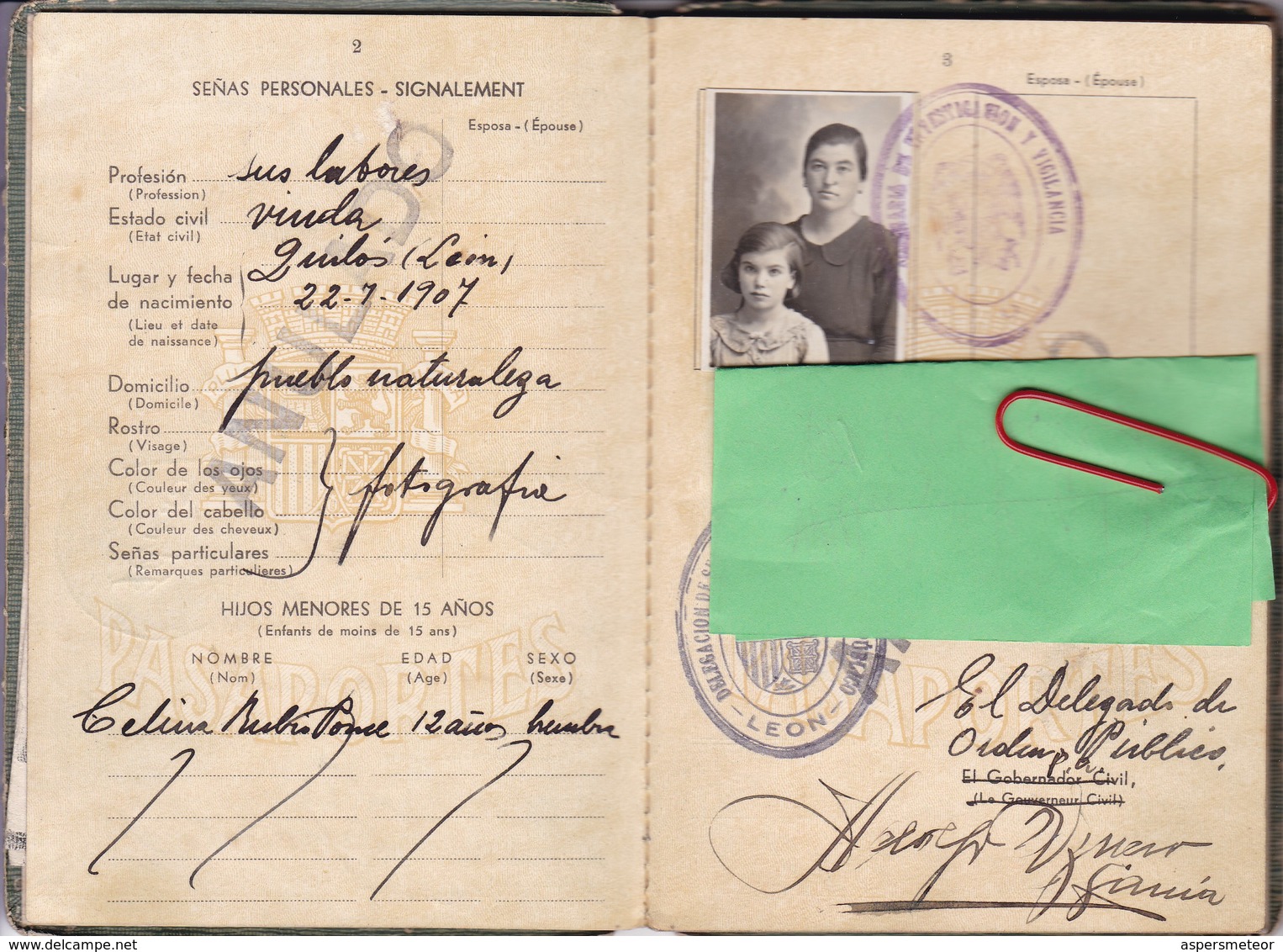 ESPAÑA SPAIN L'ESPAGNE 1938 FEMENINO FEMALE PASAPORTE PASSPORT REISEPASS PASSAPORTO.-TBE-BLEUP - Historische Dokumente