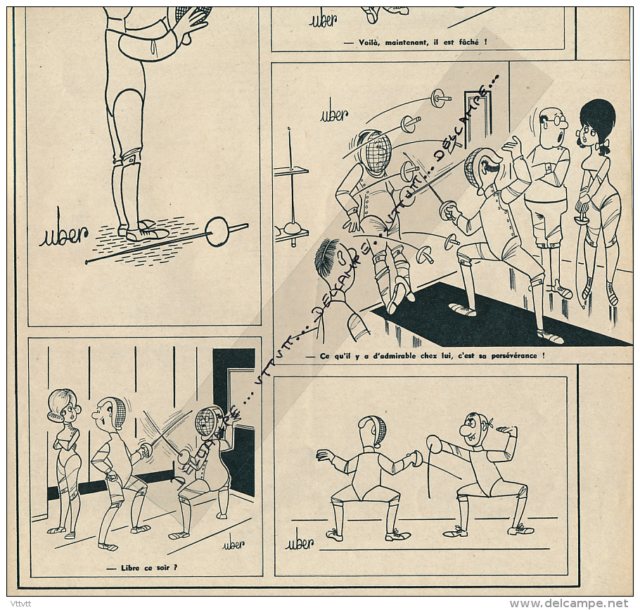 ESCRIME : PAGE HUMOUR, DESSINATEUR UBER, "FAIRE MOUCHE..." COUPURE REVUE (1961), 3 SCANS - Collections