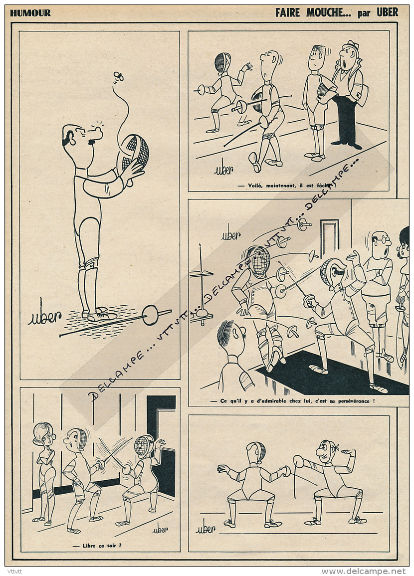 ESCRIME : PAGE HUMOUR, DESSINATEUR UBER, "FAIRE MOUCHE..." COUPURE REVUE (1961), 3 SCANS - Collections