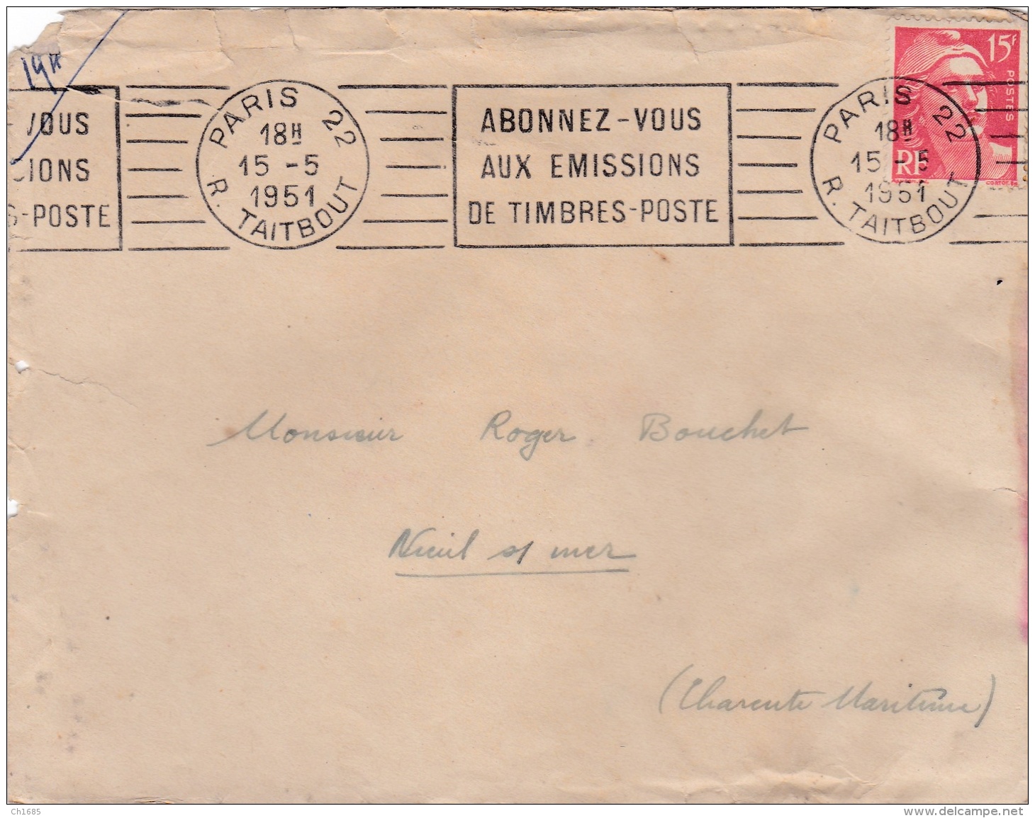 Flamme " Abonnez-vous Aux Emissions De Timbres-Poste" Sur Lettre  Affranchie Gandon 15 F Rouge De 1951 - Oblitérations Mécaniques (flammes)