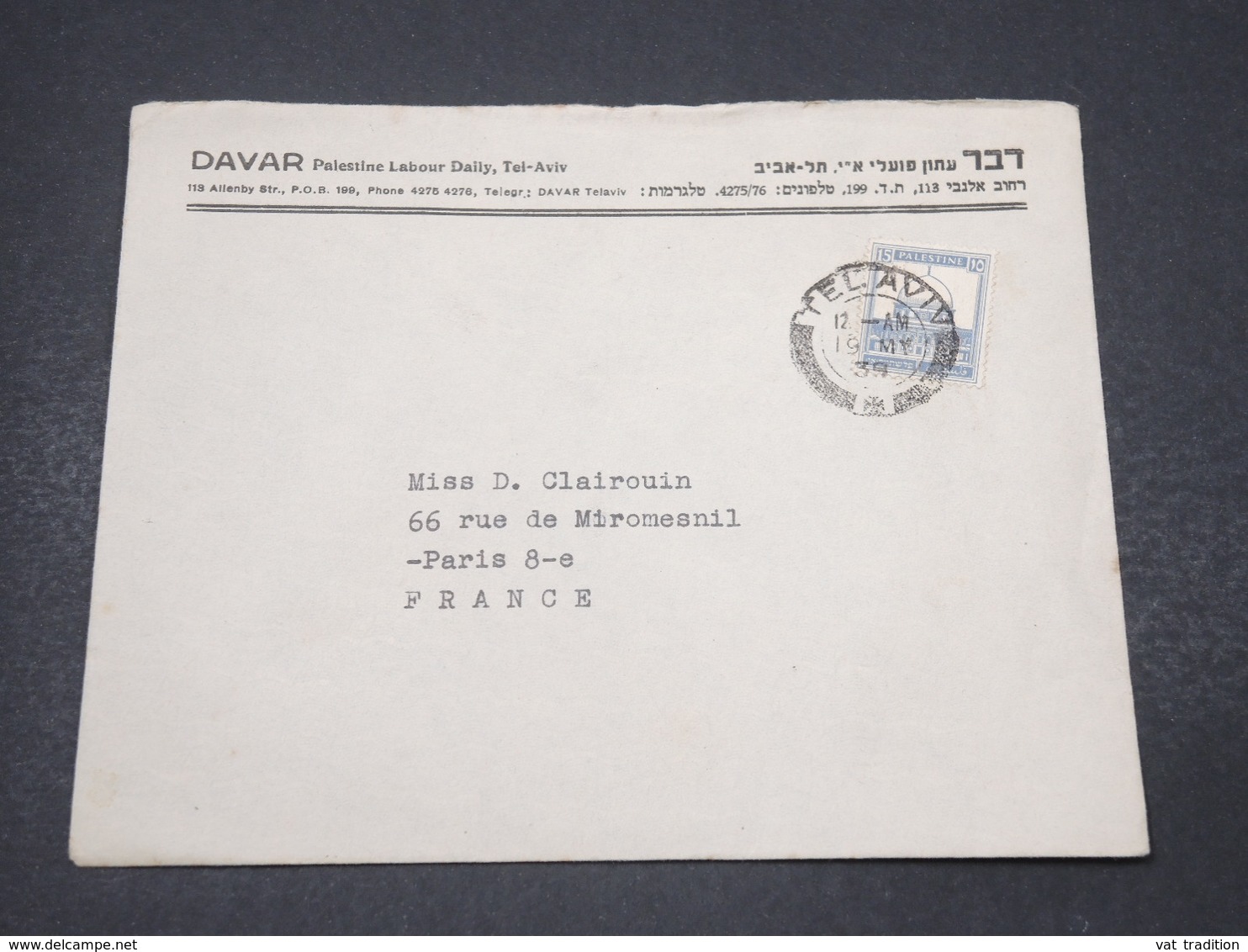 PALESTINE - Enveloppe Commerciale De Tel Aviv Pour Paris En 1939 - L 16748 - Palestine