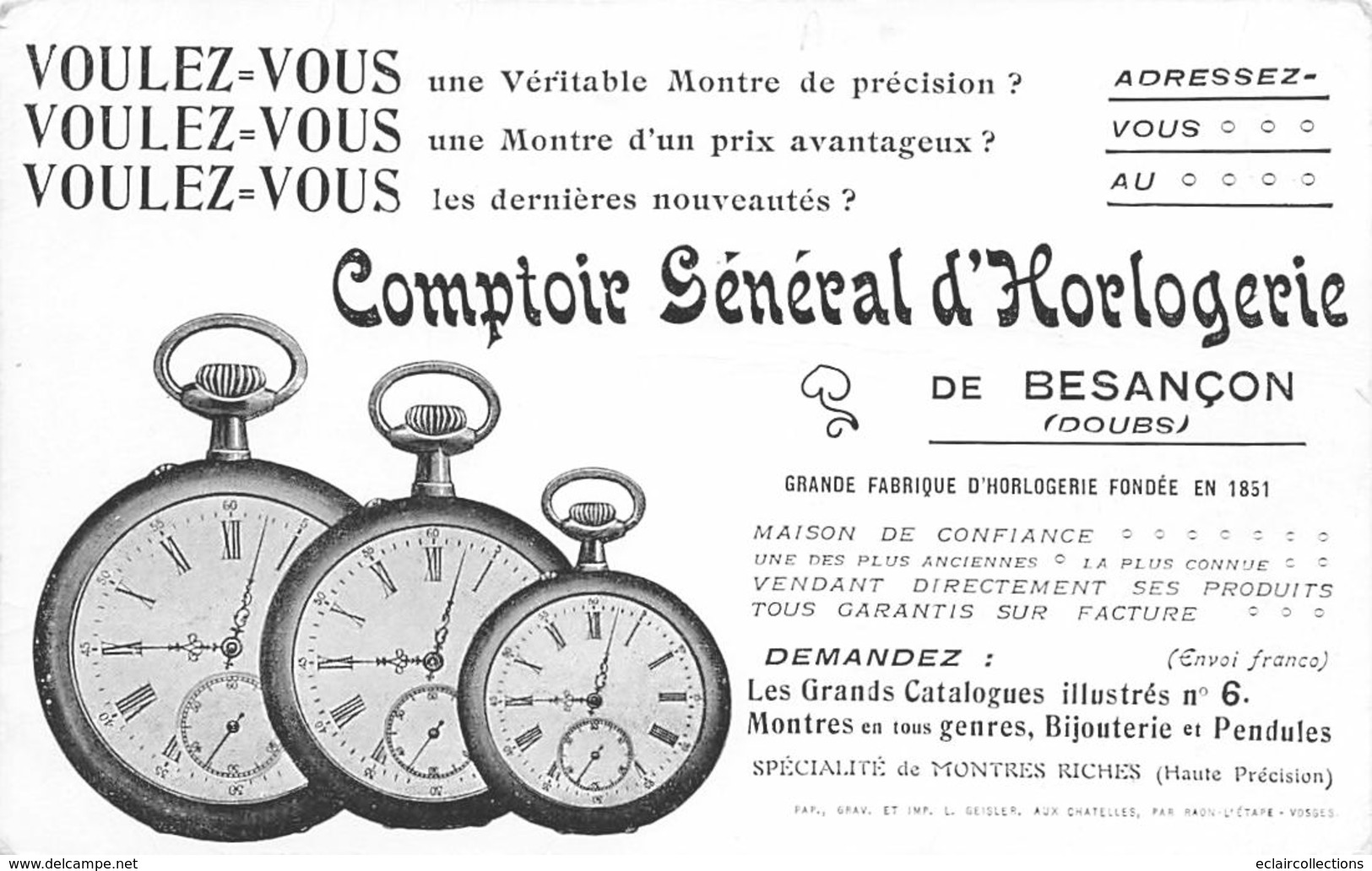 Théme:  Métier.Horlogerie.Orfèvrerie.Bijouterie .Publicité Générale D'Horlogerie Besançon 25  (voir Scan) - Andere & Zonder Classificatie