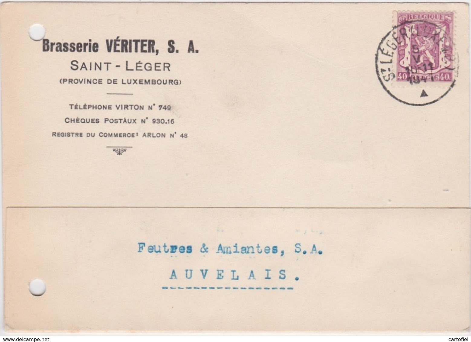 SAINT-LEGER-BRASSERIE-VERITIER-S.A.-CARTE PUBLICITAIRE-ENVOYEE-1941-2 TROUS D'UN ANCIEN CLASSEMENT-VOYEZ LES 2 SCANS ! ! - Saint-Léger