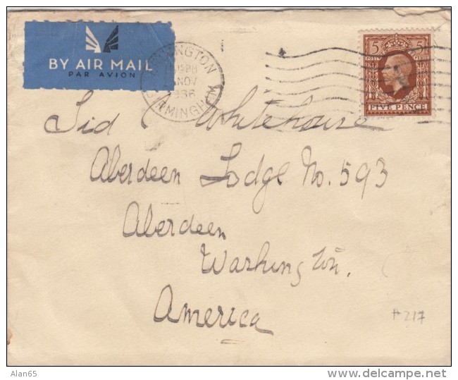Sc#217 SG#446 MI#182 George V 5p Issue On 1936 Cover Sent To Aberdeen Washington State USA - Unclassified