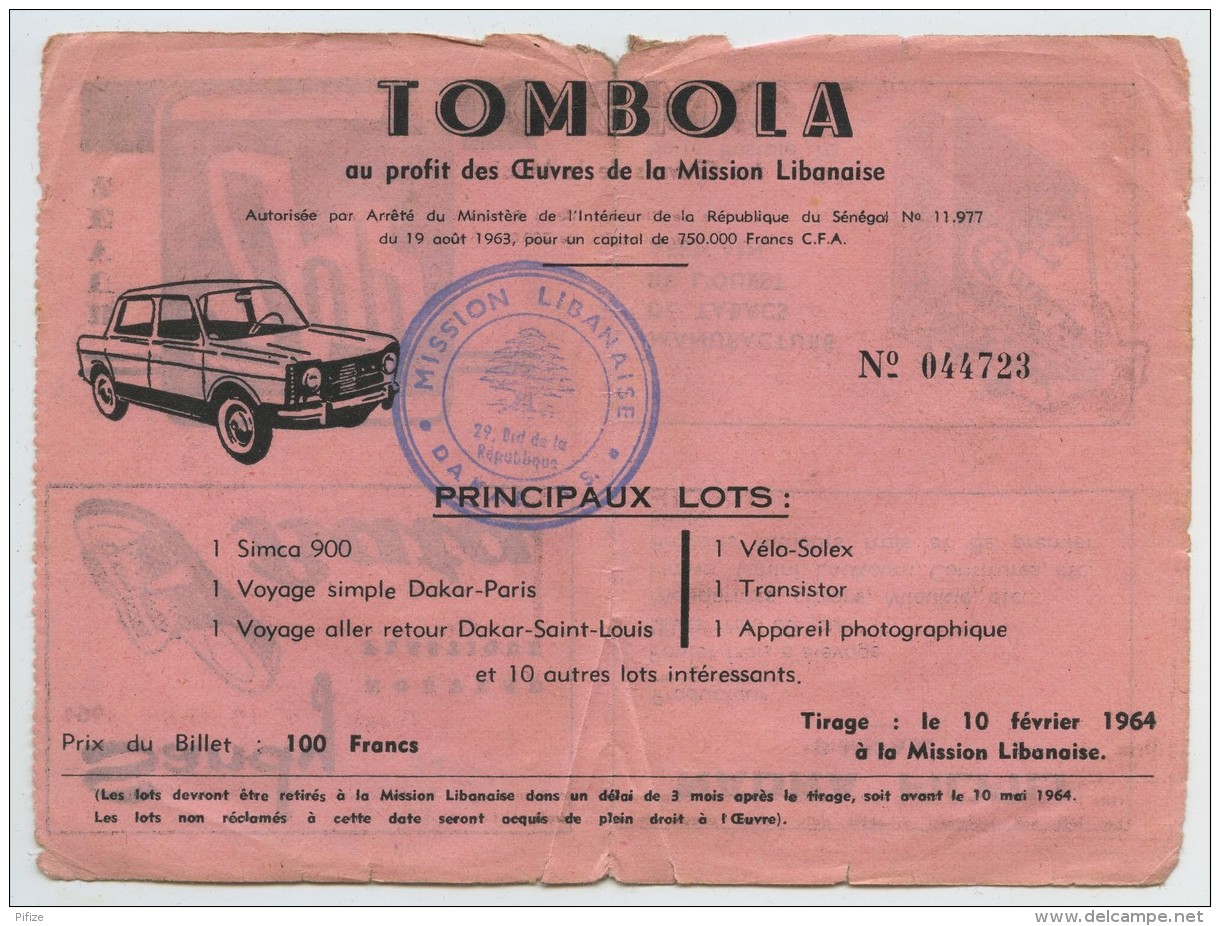 Billet De Tombola Au Profit Des Oeuvres De La Mission Libanaise . Dakar 1964 . Liban . Simca 900 . - Billets De Loterie