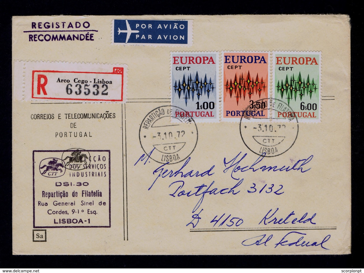 EUROPE CEPT Set 3x (issue 01 May) Circulate Cover Date-pmk 1972-10-03 Lisboa KREFELD Sp5186 - Lettres & Documents