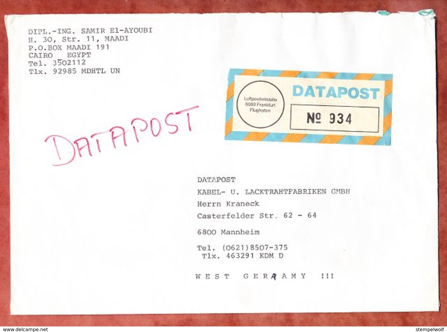 Datapost, Express Mail Service, Cairo Ueber Frankfurt Nach Mannheim 1987 (51196) - Covers & Documents