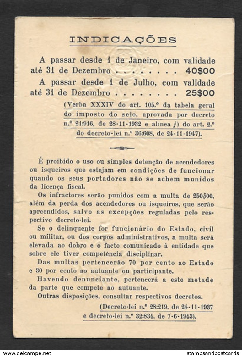 Portugal Timbre Fiscal Fixe 40$ + Assistencia Licence De Briquet 1958 Stamped Revenue Lighter License - Lettres & Documents