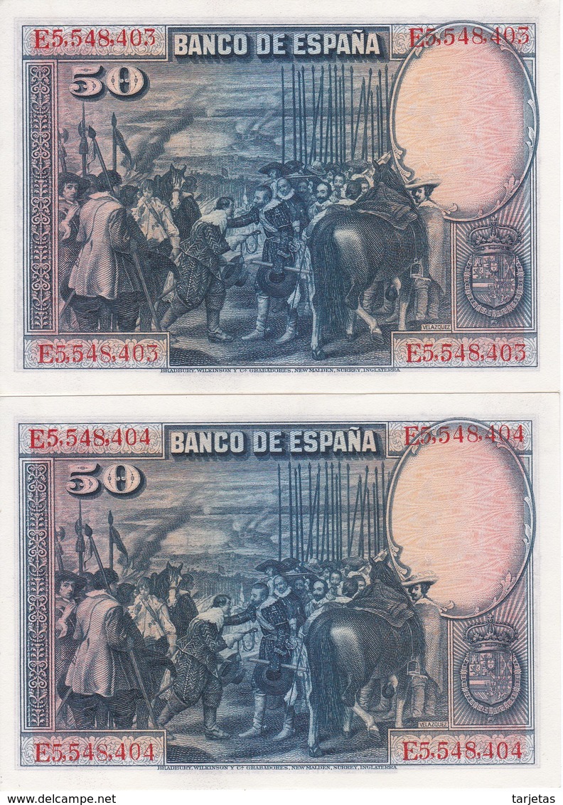 PAREJA CORRELATIVA DE 50 PTAS DE 1928 DE VELAZQUEZ SERIE E EN CALIDAD EBC (XF) (BANKNOTE) - 50 Pesetas