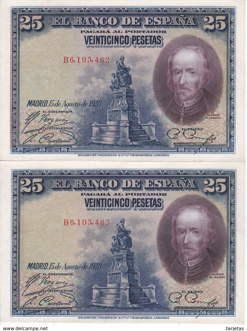 PAREJA CORRELATIVA DE 25 PTAS DEL AÑO 1928 SERIE B SIN CIRCULAR-UNCIRCULATED  (BANKNOTE) - 1-2-5-25 Pesetas