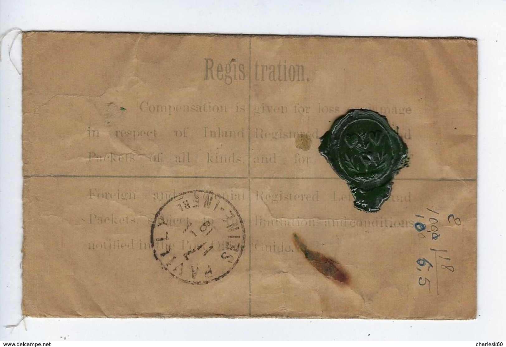 Lettre Enregistrée Londres 1919 Cachet Cire - Cachets Généralité