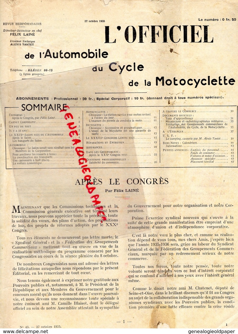 REVUE L' OFFICIEL AUTOMOBILE CYCLE MOTOCYCLETTE- MOTO-AUTO- 1935-N° 43-NICHOLSON-CONCOURS LEPINE-PILE WONDER-DUNLOP- - Auto