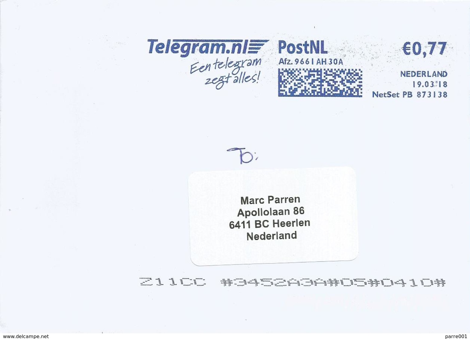 Netherlands Nederland 2018 Meter Pitney Bowes (digital) PB 873138 EMA Cover - Franking Machines (EMA)