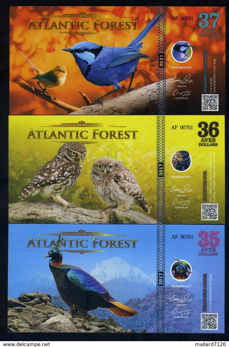 SET Atlantic Forest 35;36;37 Aves Dollars 2017 - Monal, Fairywren, Owl - Autres & Non Classés