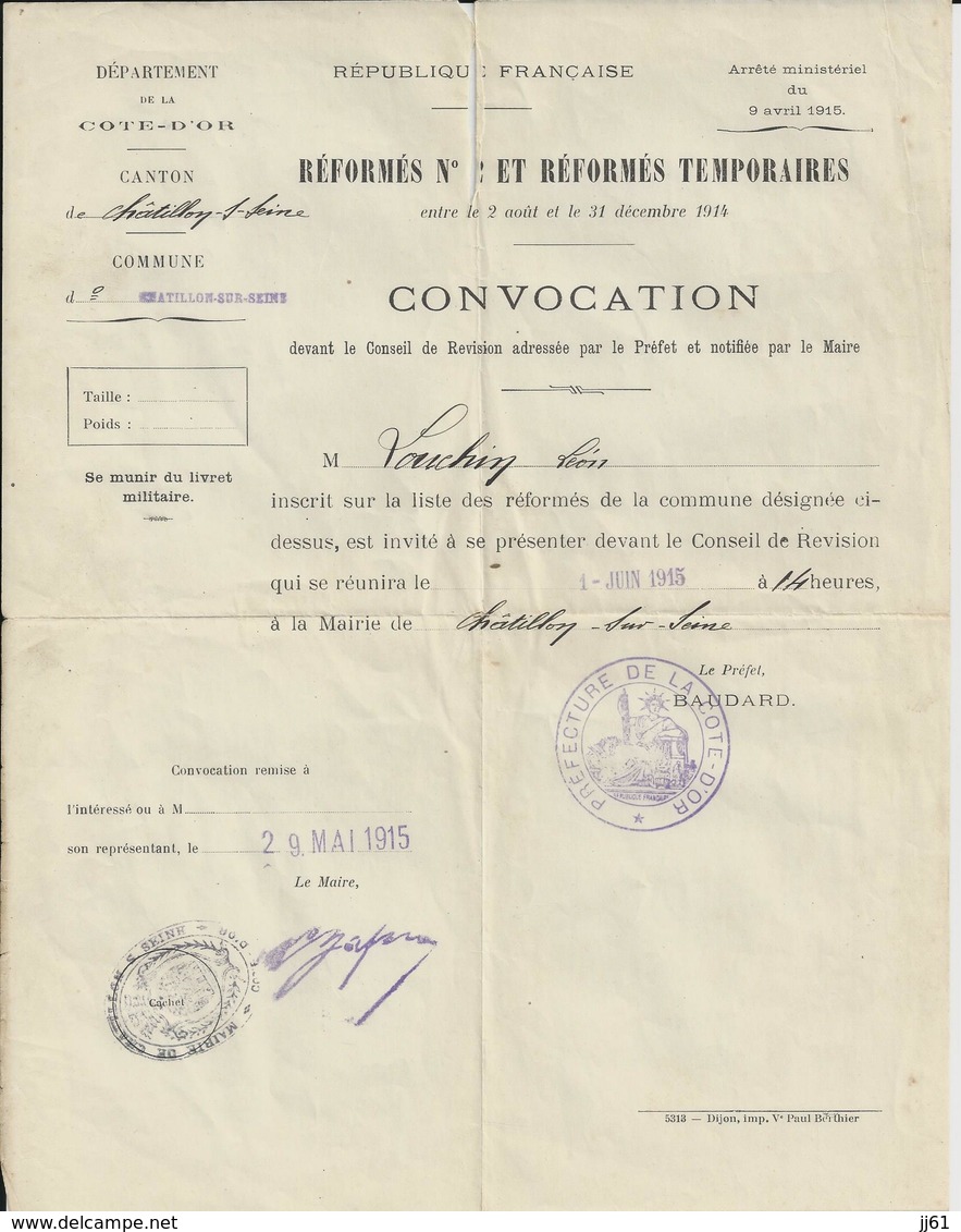 CHATILLON SUR SEINE CONVOCATION REFORMES TEMPORAIRES CONSEIL DE REVISION ANNEE 1915 MR LOUCHIN LEON - Autres & Non Classés