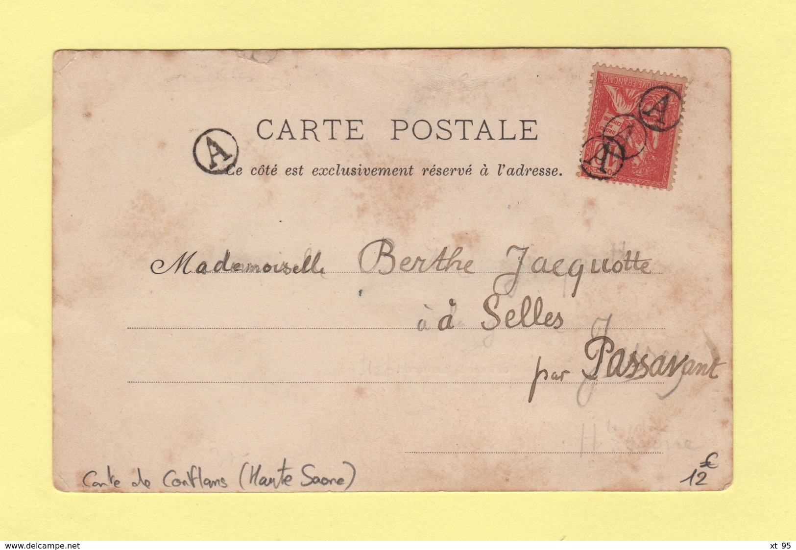 Type Mouchon - Obliteration Boite Urbaine A - Carte Postale De Conflans Haute Saone Pour Passavant - 1877-1920: Période Semi Moderne