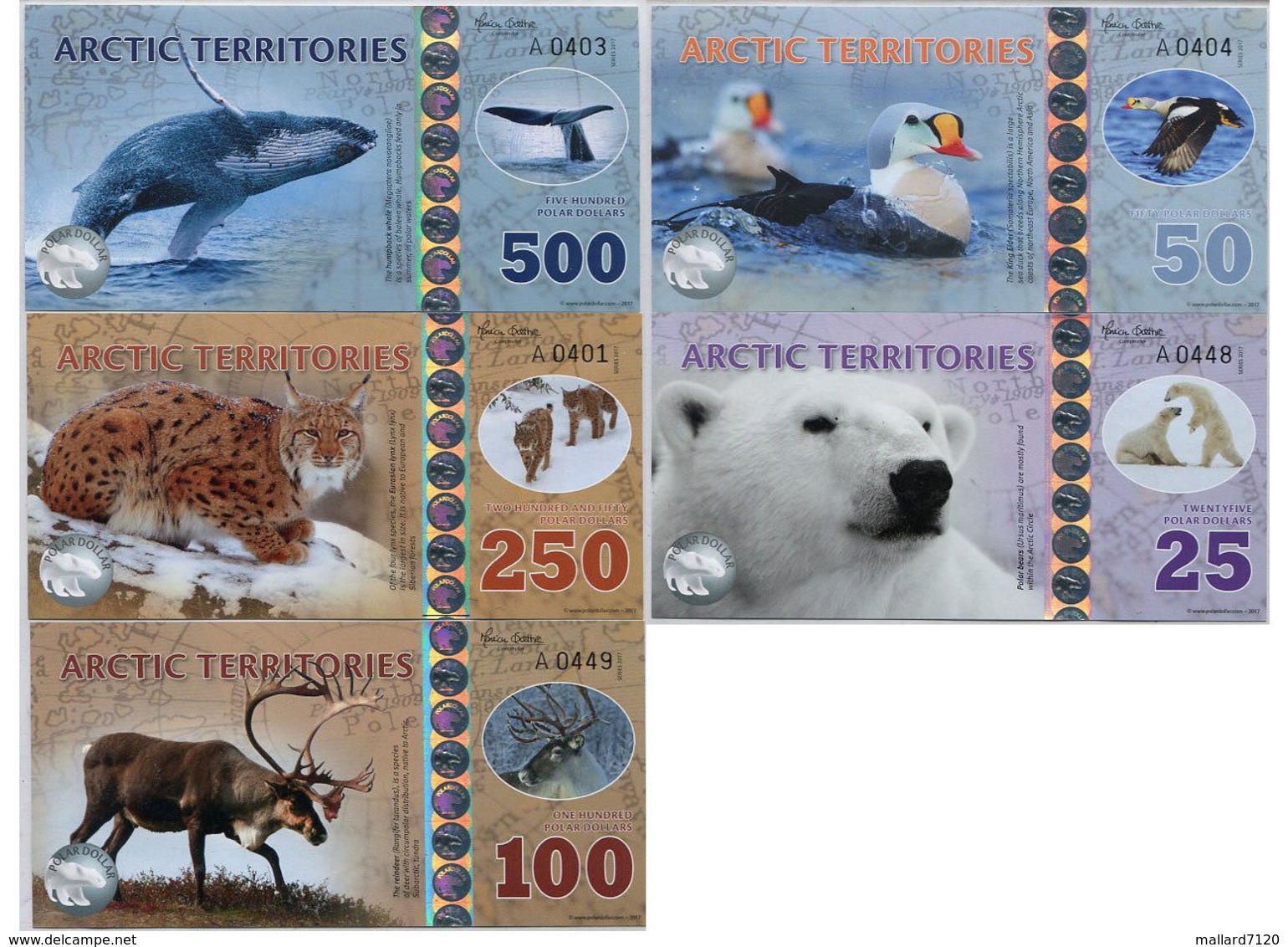 Set, Arctic Territories, $25-50-100-250-500 2016, Polymer, UNC - Animals - Autres & Non Classés