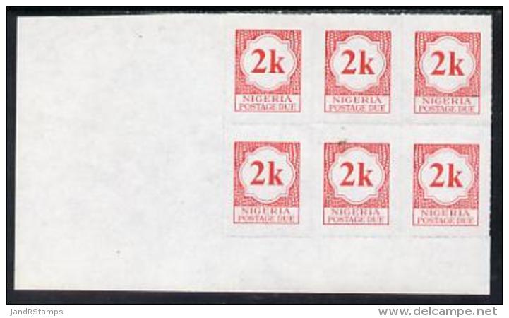 2944 Nigeria 1987 Postage Due 2k Red Corner Block Of 6 Rouletted 9 (SG D11a) Unmounted Mint - Nigeria (1961-...)