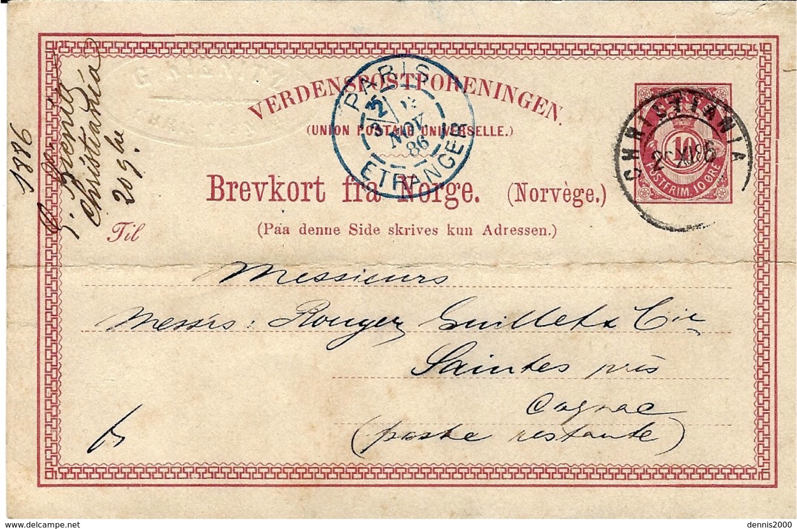 1886- C P E P 10 Ore From Christiana To Saintes ( France )  + PARIS / ETRANGER Bleu Avec Levée - Briefe U. Dokumente