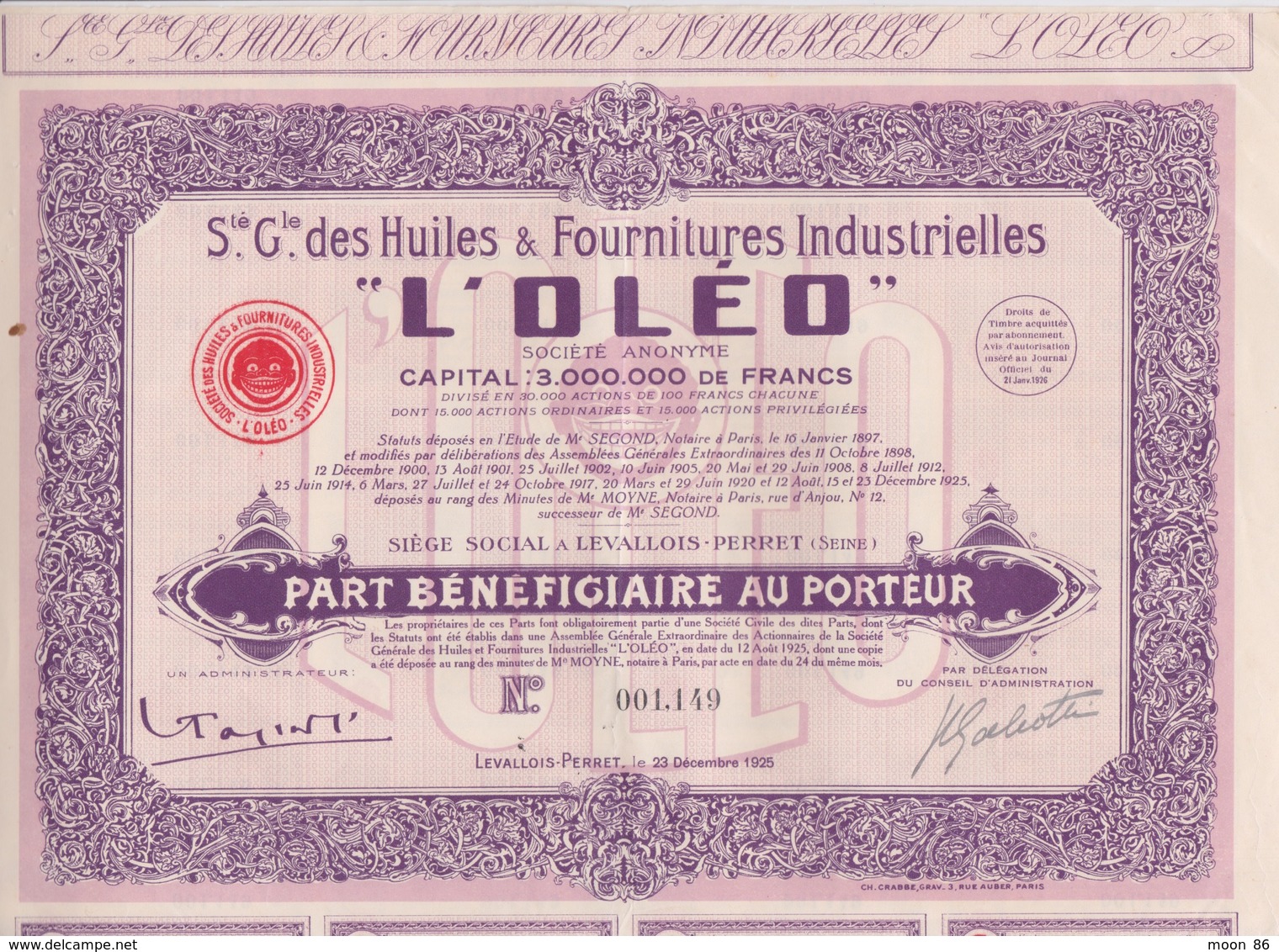 ACTION 100 FRANCS - STE GENERALE DES HUILES & FOURNITURE " L'OLÉO "  Siège LEVALLOIS PERRET  23/12/1925 - Automobile