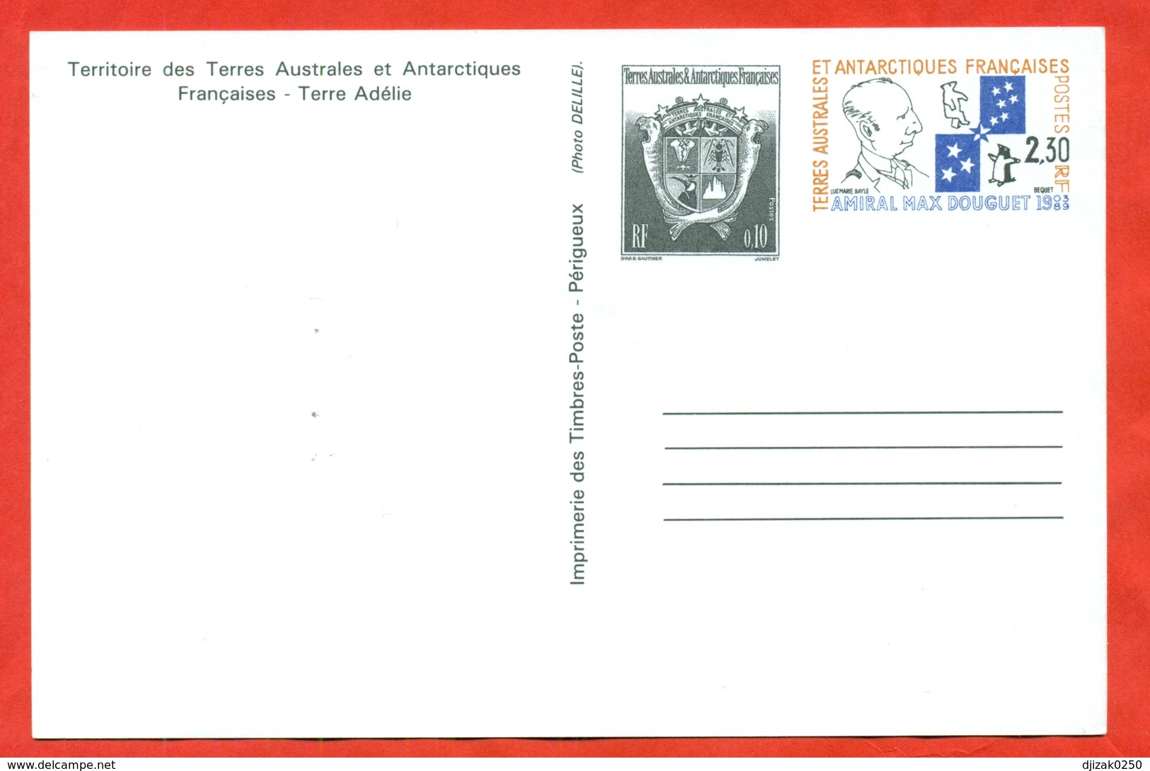 TAAF 1994. Penguins. Postcard With Printed Stamps. Admiral Max Douguet. - Covers & Documents