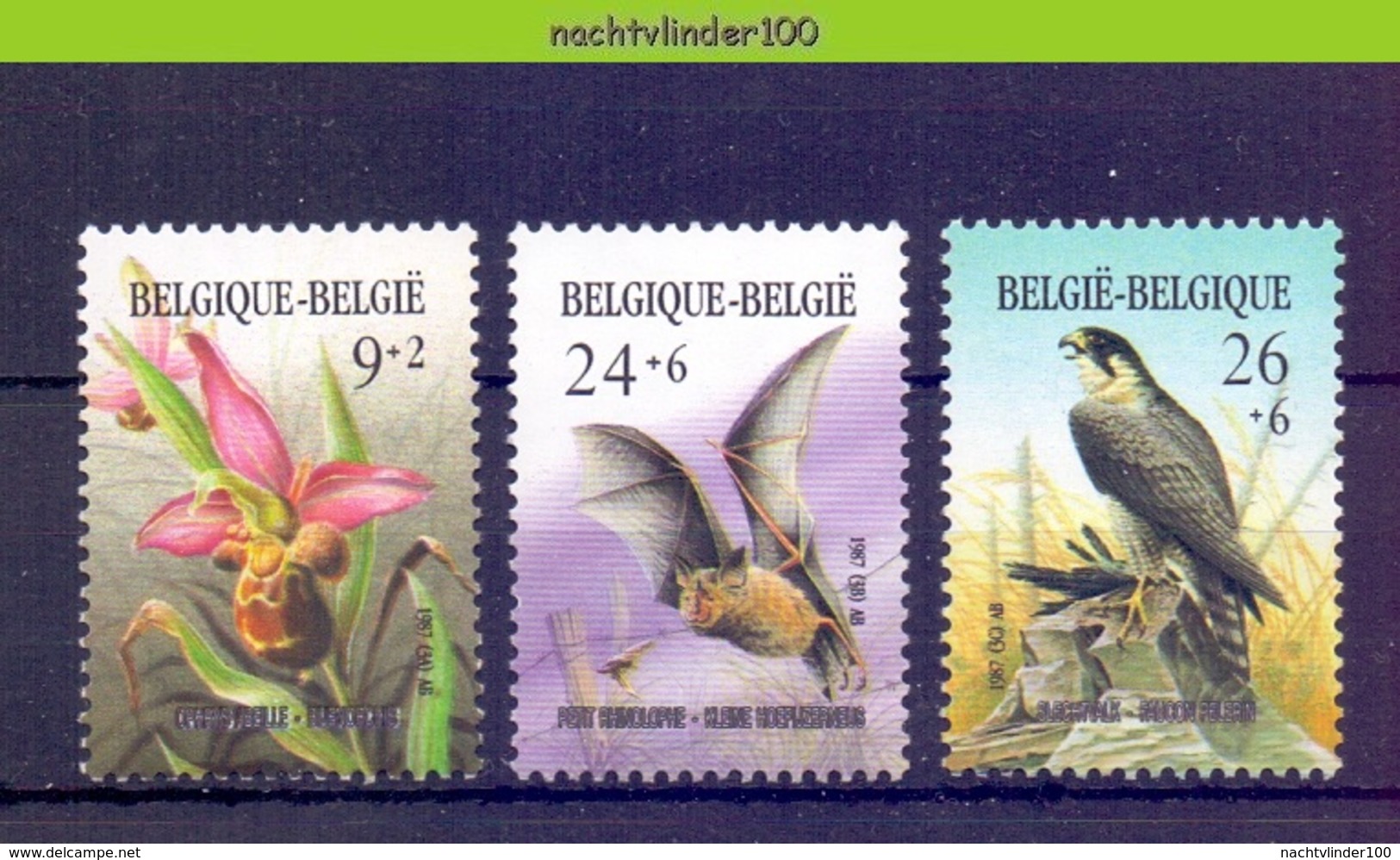 Nbm0679 FAUNA VOGELS VALK VLEERMUIS BLOEMEN FLOWERS FALCON BIRDS BAT FLEDERMAUS BELGIQUE BELGIË 1987 PF/MNH - Vleermuizen