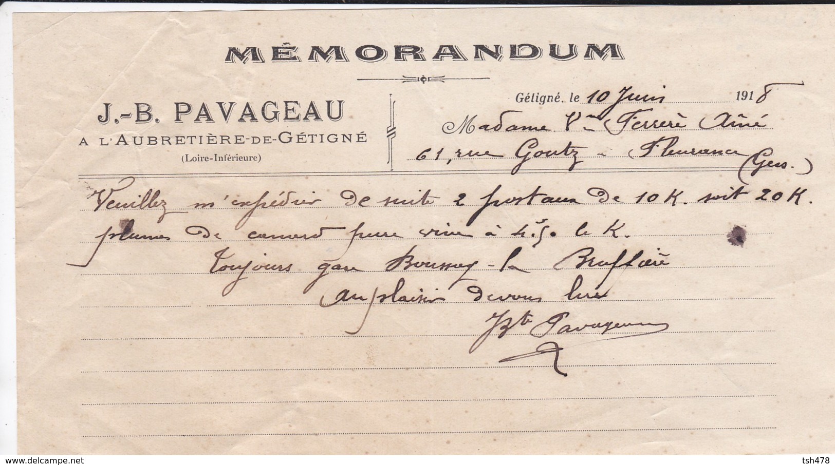 VIEUX PAPIER--44---GETIGNE--1918--J.B. PAVAGEAU--à L'aubretière De Gétigné--( Memorandum )--voir  Scan - 1900 – 1949