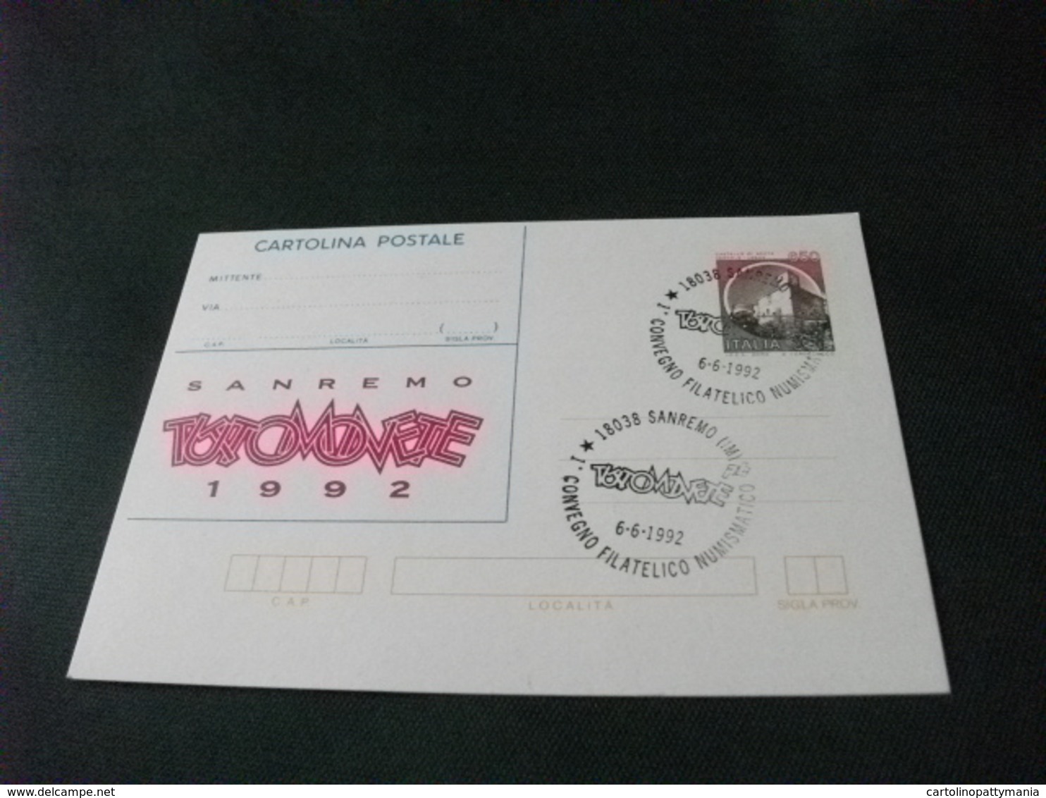 CARTOLINA POSTALE CASTELLO LIRE 650 SANREMO TUTTOMONETE 1992 I CONVEGNO - Collector Fairs & Bourses