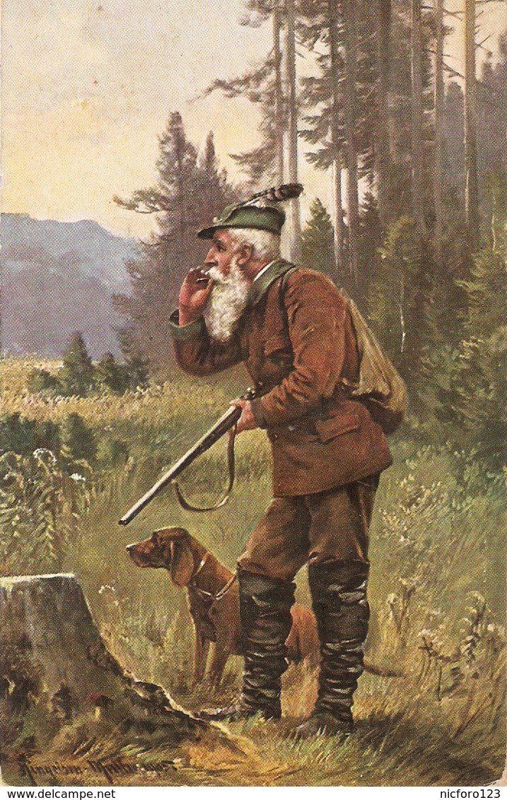 "Hunting Scene" Nice Antique German Postcard. Signed - Caza