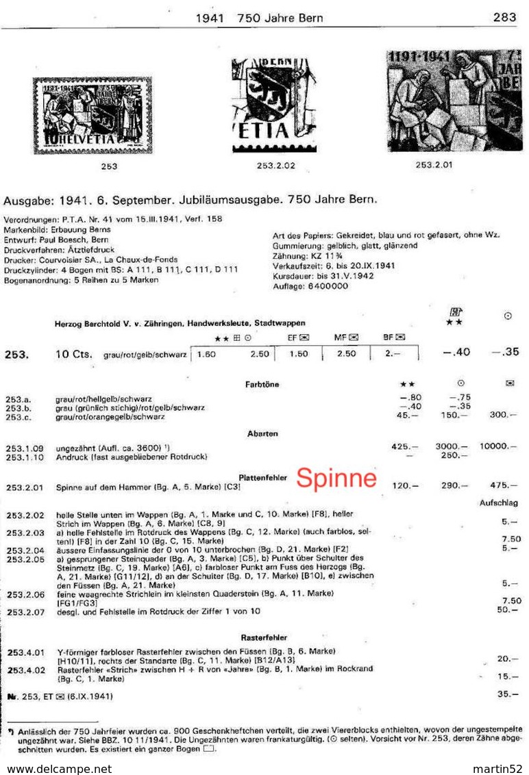 Schweiz-Suisse 1941: 750 Jahre Bern Zu 253.2.01 SPINNE ARAIGNÉE Mi 398 Yv 370 Bogen A111-035325  ** MNH (Zu CHF 130.00) - Errors & Oddities