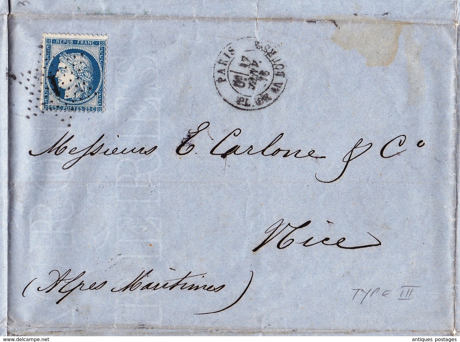 Lettre 1876 Paris Hollander & Cie Place De La Bourse Pour Nice Alpes Maritimes Cérès Type II - 1871-1875 Cérès