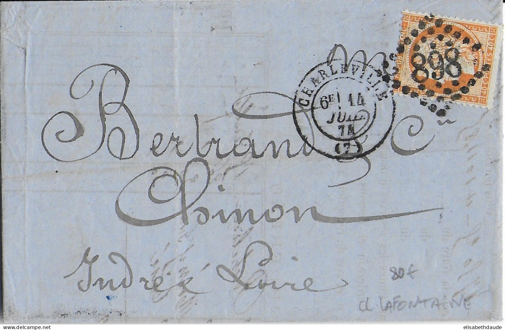 1874 - SIEGE 40c AVEC "LAFONTAINE" IMPRIME AU VERSO Sur LETTRE De CHARLEVILLE (ARDENNES) => CHINON (INDRE ET LOIRE) - 1870 Belagerung Von Paris