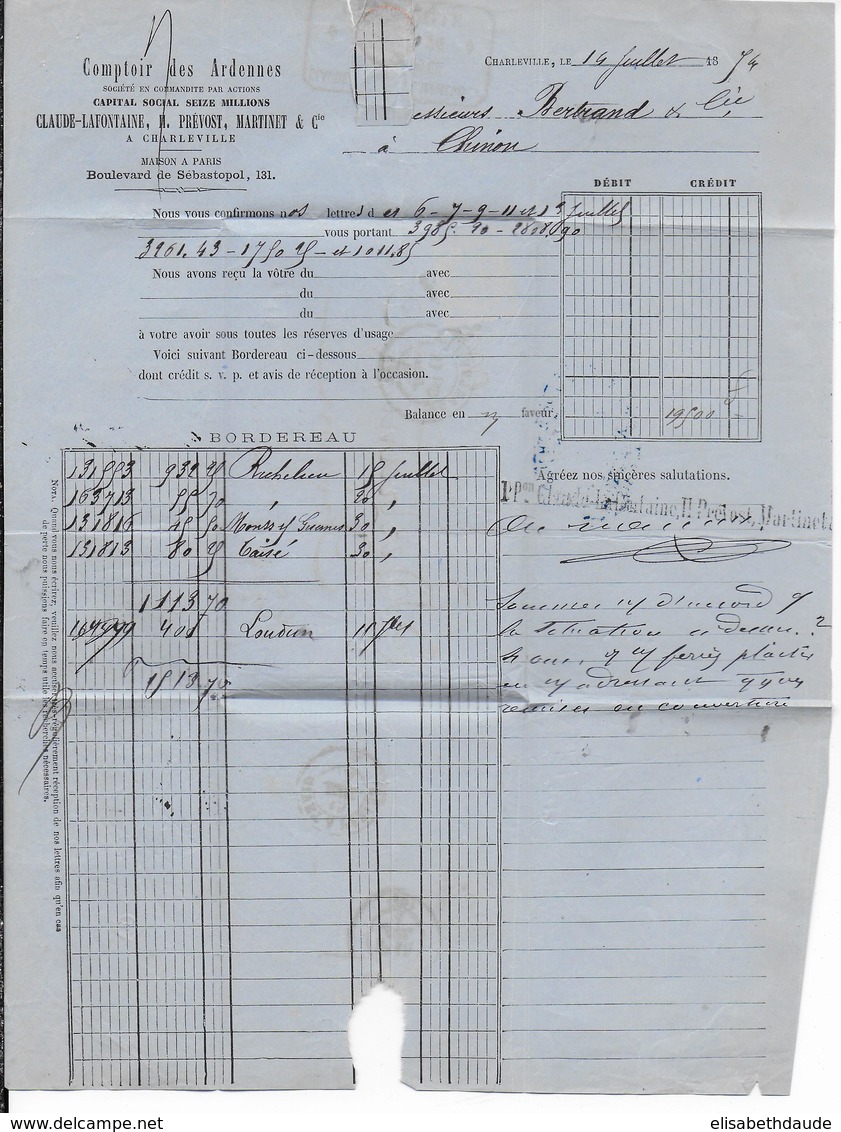 1874 - SIEGE 40c AVEC "LAFONTAINE" IMPRIME AU VERSO Sur LETTRE De CHARLEVILLE (ARDENNES) => CHINON (INDRE ET LOIRE) - 1870 Beleg Van Parijs