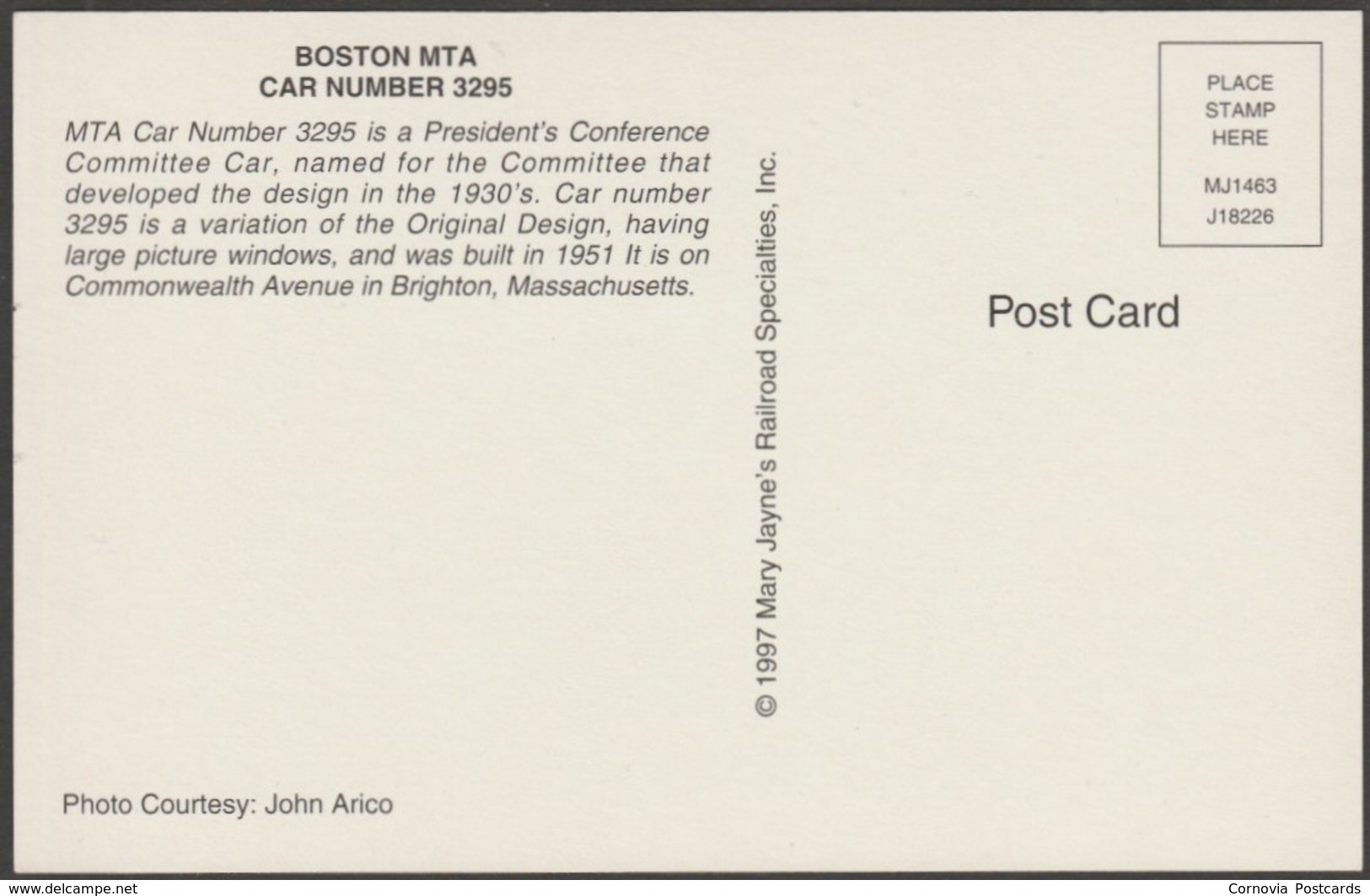 Boston MTA PCC Car No 3295 - Mary Jayne's Postcard - Tramways