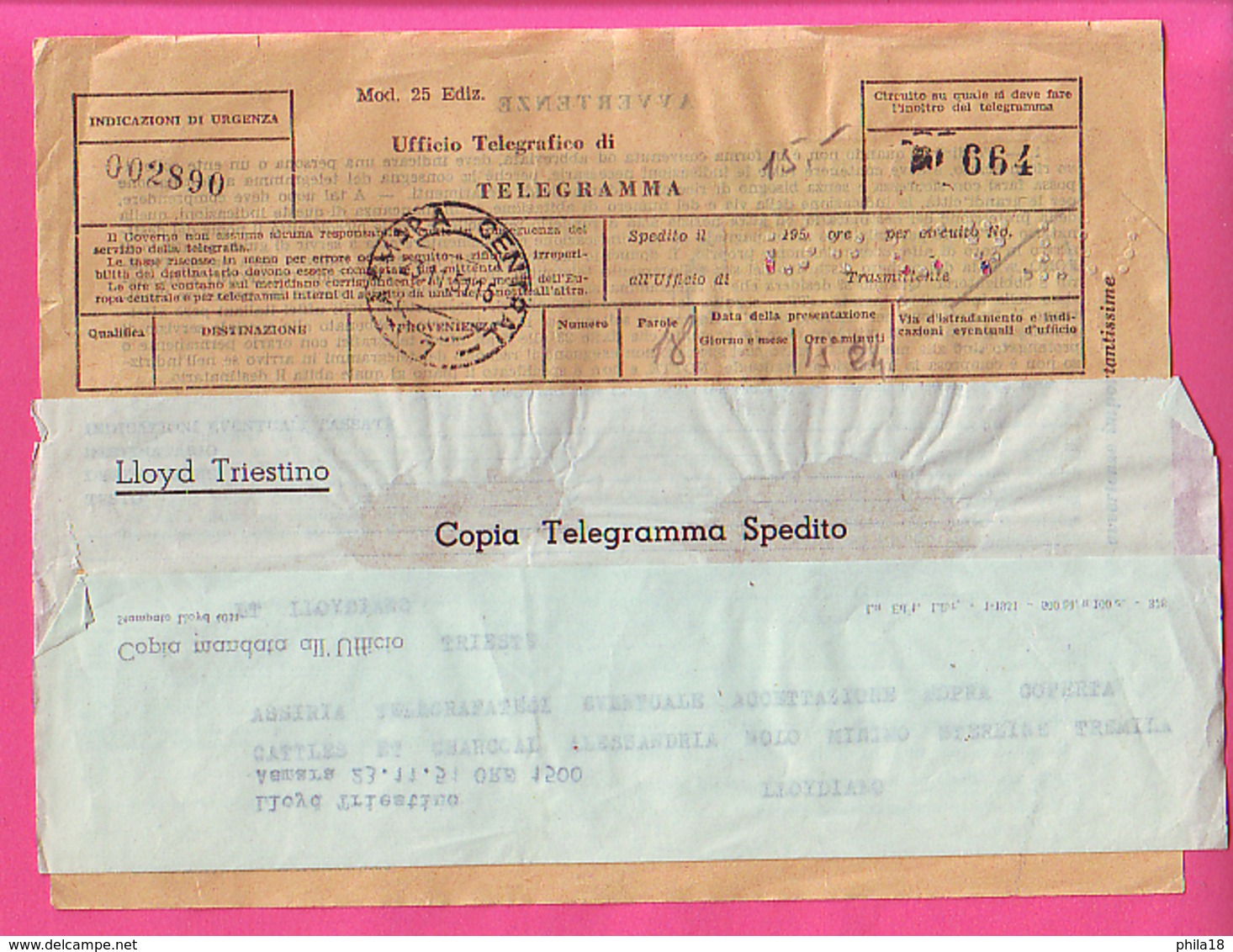 TELEGRAMME AVEC LE MESSAGE TIMBRES DE GRANDE BRETAGNE SURCHARGES B A ERITREA 10 SHILLINGS - 5 SHILLINGS 23-11-51 - Erythrée