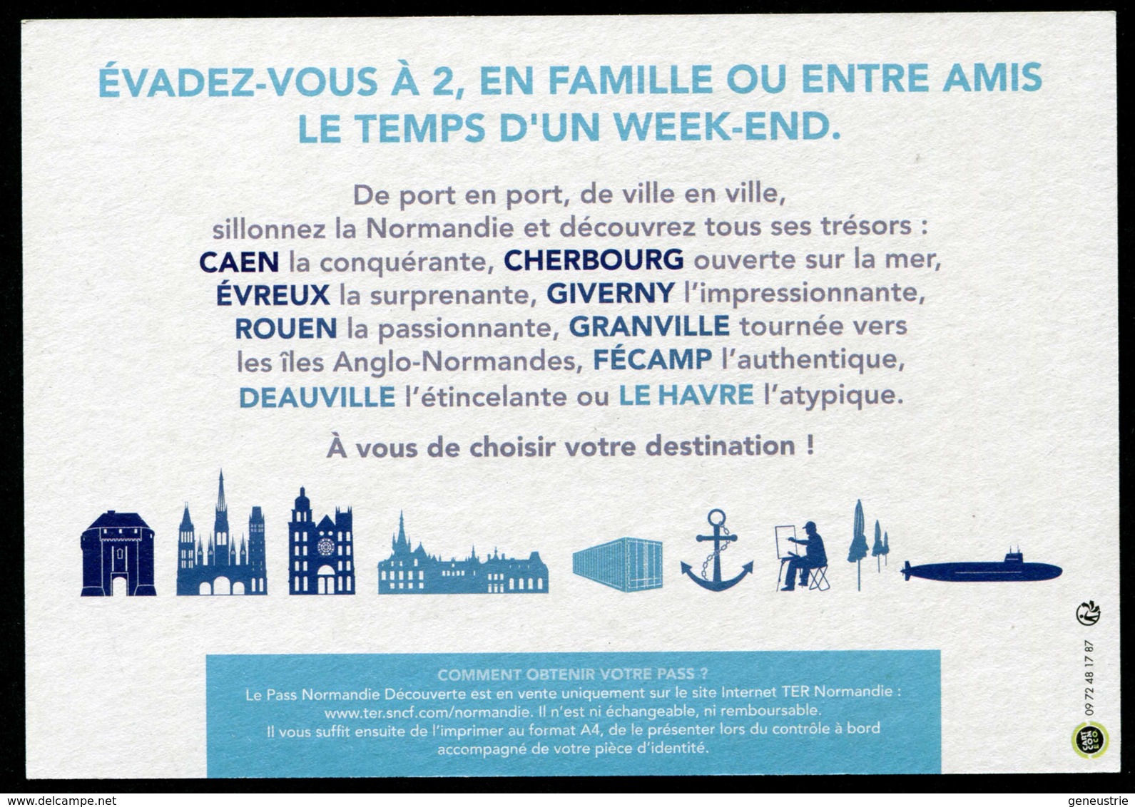 Carte Publicitaire "Pass Normandie" SNCF - Chemin De Fer - Granville, Caen, Evreux, Rouen, Fécamp, Cherbourg, Deauville. - Altri & Non Classificati