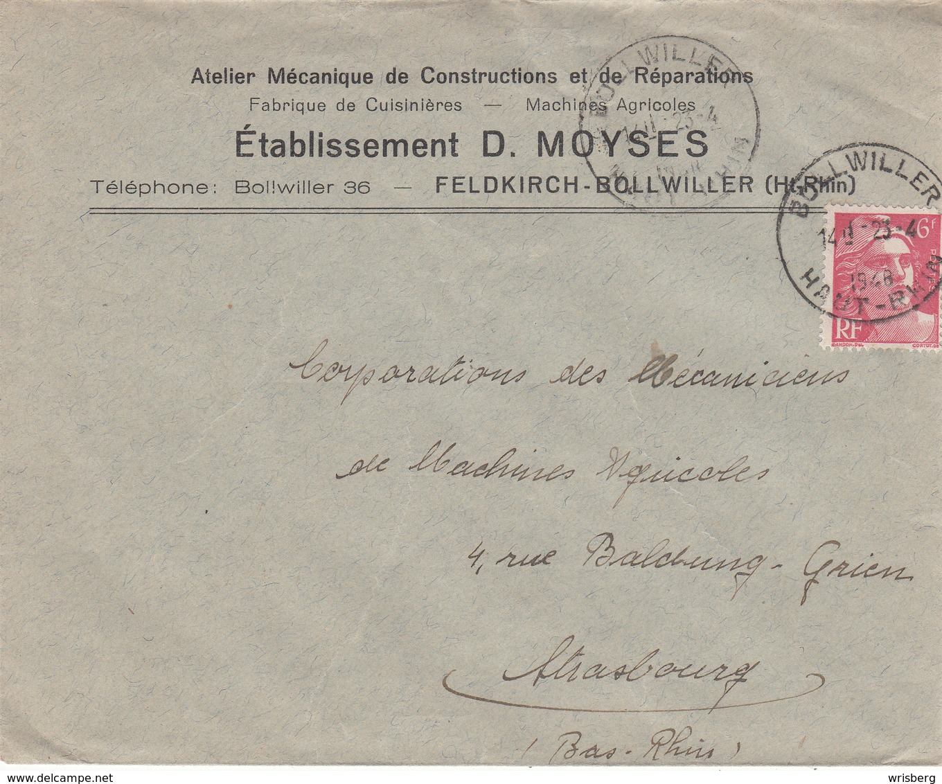 Env Affr Y&T 721A Obl BOLLWILLER Du 23.4.1948 Adressée à Strasbourg - Covers & Documents