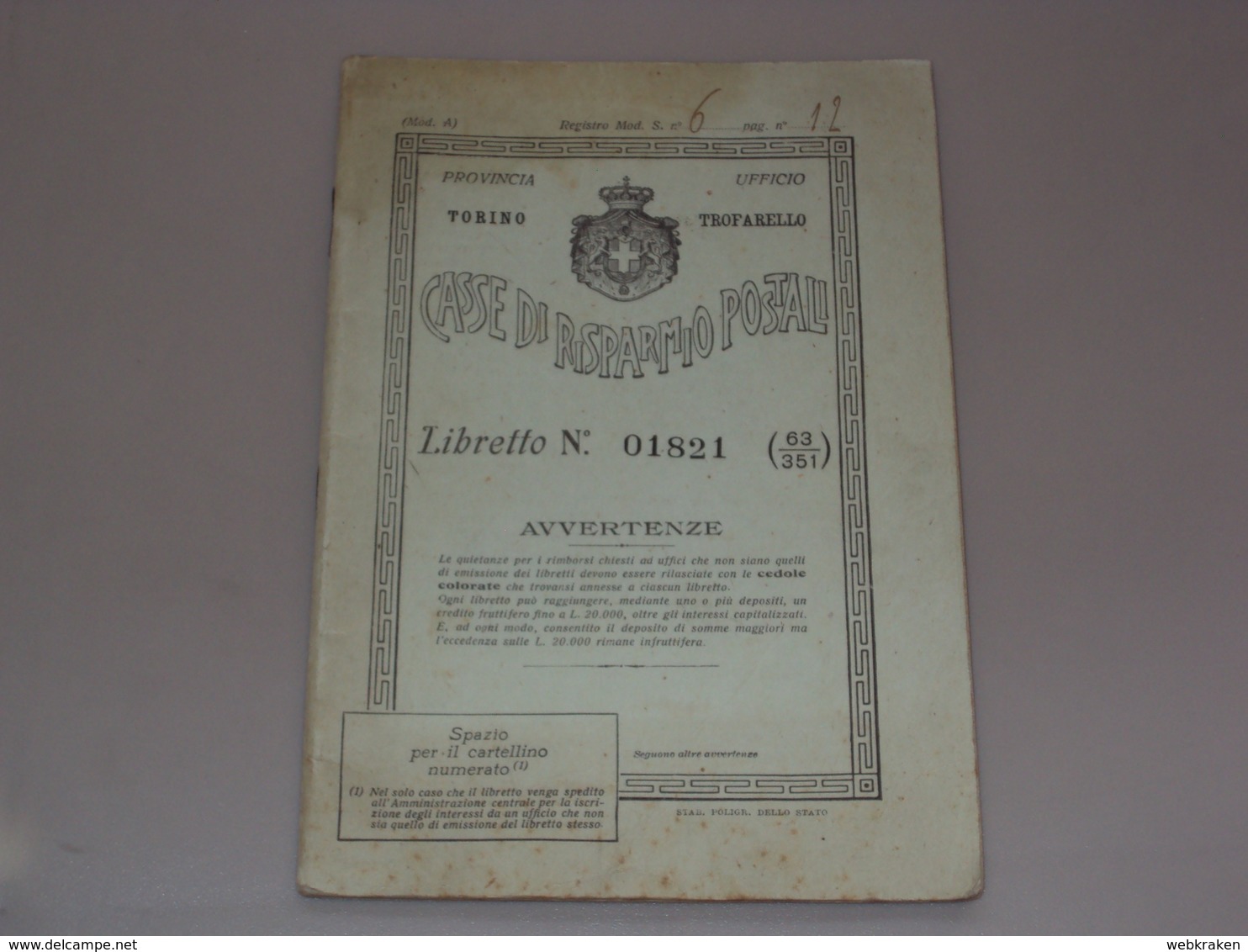 LIBRETTO POSTALE DELLE CASSE DI RISPARMIO POSTALI REGNO ITALIA DA TROFARELLO TORINO PIEMONTE - Documenti Storici