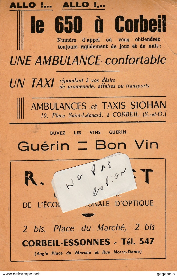 91 - CORBEIL ( France ) - Horaires S.N.C.F. Et Horaires  ( 27,5 Cm X 21,4 Cm ) - Europe