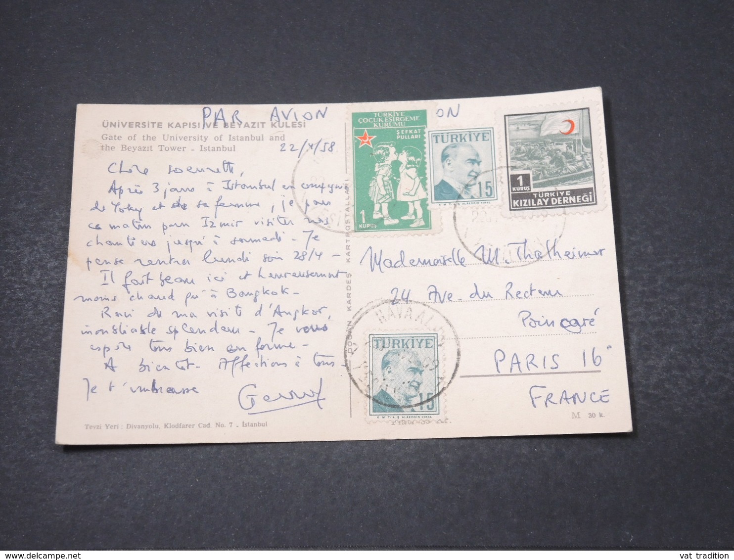 TURQUIE - Affranchissement De Istanbul Sur Carte Postale Pour La France En 1958 -  L 16821 - Brieven En Documenten