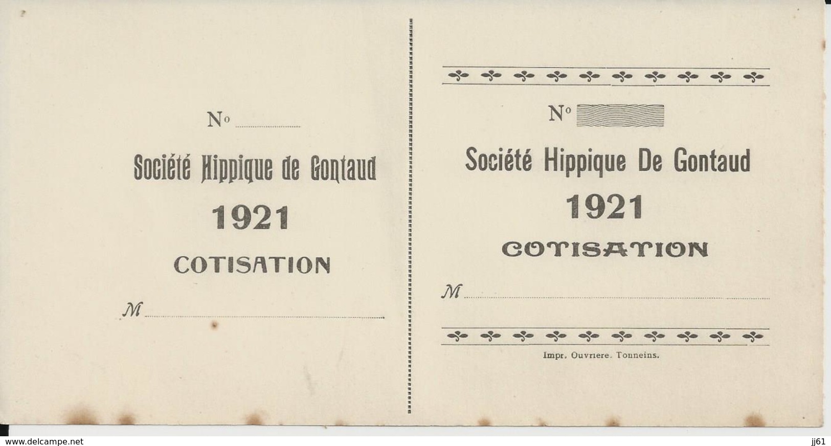 GONTAUD LOT ET GARONNE SOCIETE HIPPIQUE DE GONTAUD RECU POUR COTISATION ANNEE 1921 - Other & Unclassified