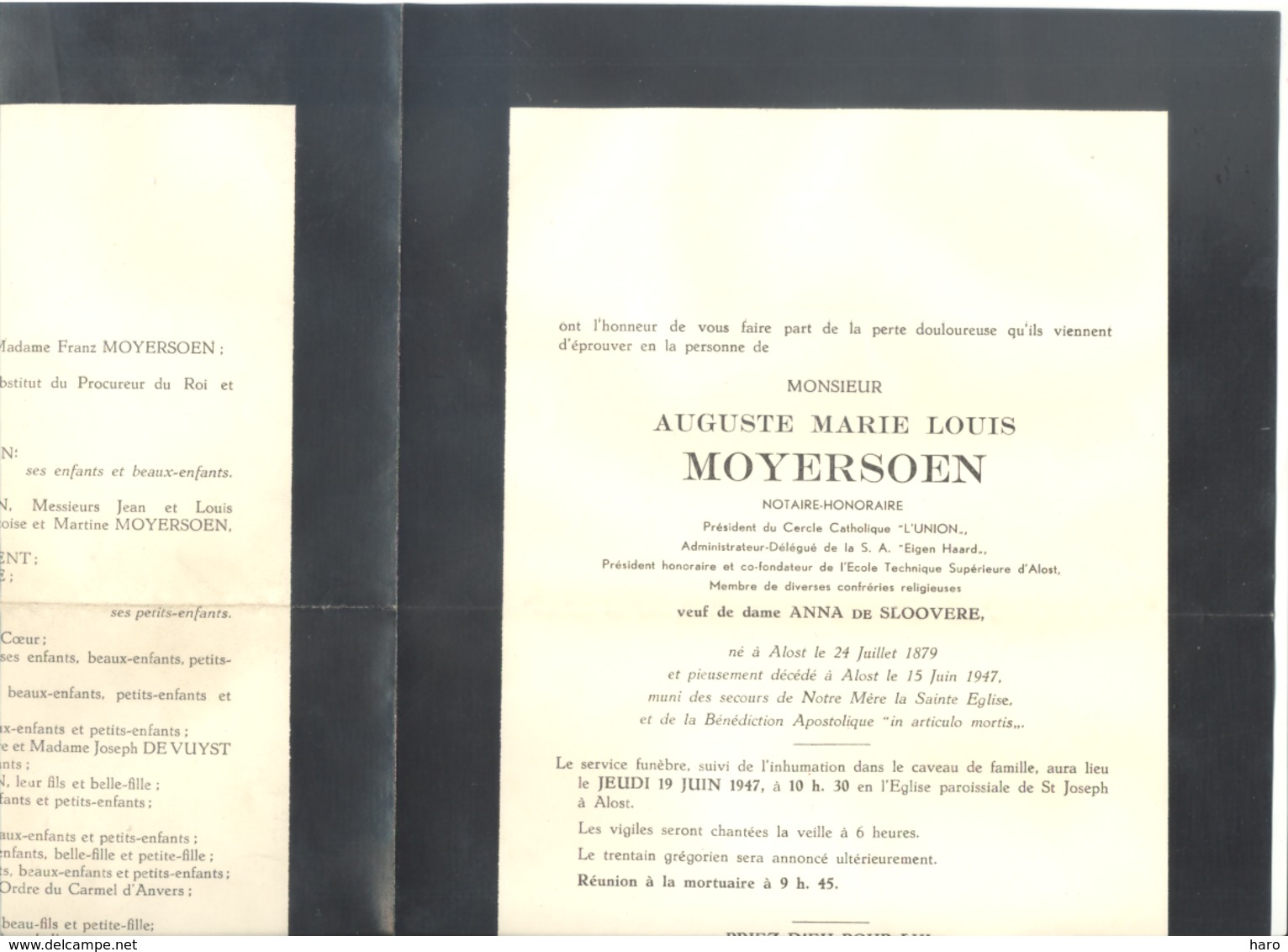 Faire-part Décès De Mr Auguste MOYERSOEN , Notaire, Adm. " Eigen Haard " - AALST 1879  / 1947  (b228) - Avvisi Di Necrologio